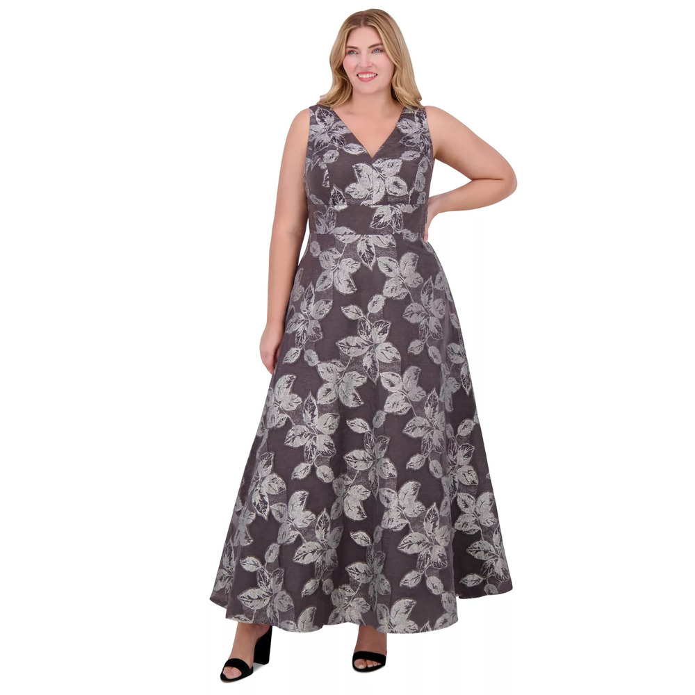 Eliza J Women's Silver Metallic-Threaded Floral-Print Gown Size 16W, MSRP: 268$